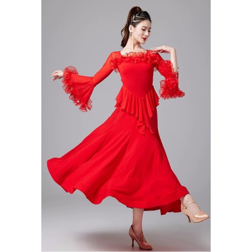 Red black ruffles ballroom dancing dresses for women girls professional rhythm waltz tango foxtrot smooth dance long gown for female